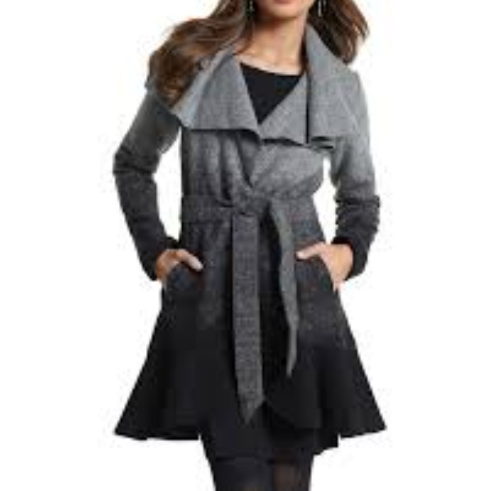 WHBM Black Gray Dye Wrap Ombré Wool Coat Waist Tie Sz M Winter Chic